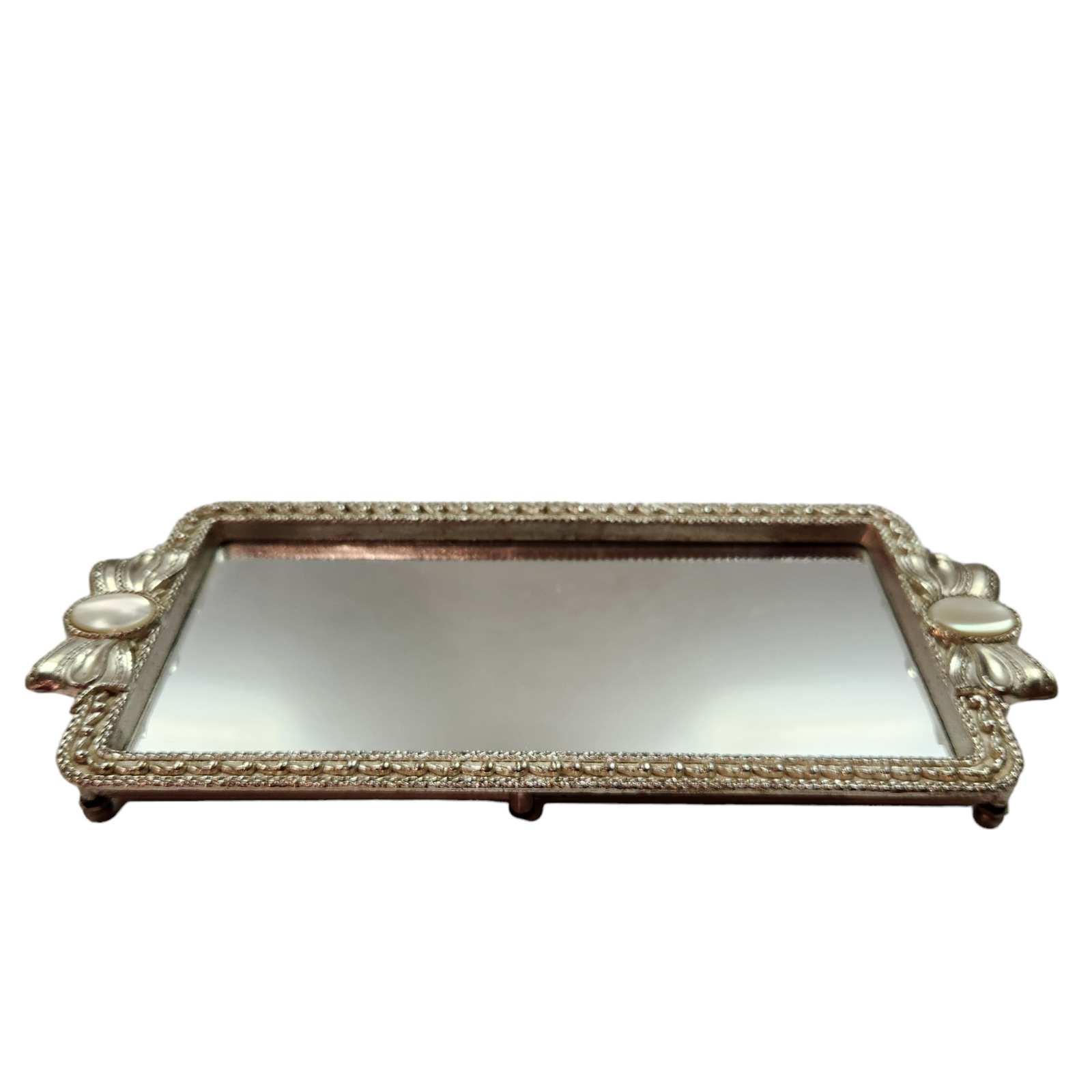 Vintage 1990 Mother of Pearl and Silver Toned Metal Mirrored Vanity Tray