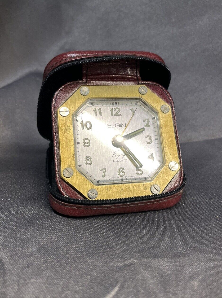 Elgin Voyage Quartz Travel Alarm Clock In Leather Case Germany Tested & Works