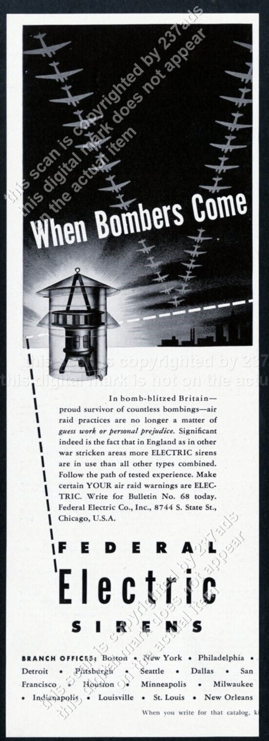 1942 Federal Electric air raid warning siren When Bombers Come vintage print ad