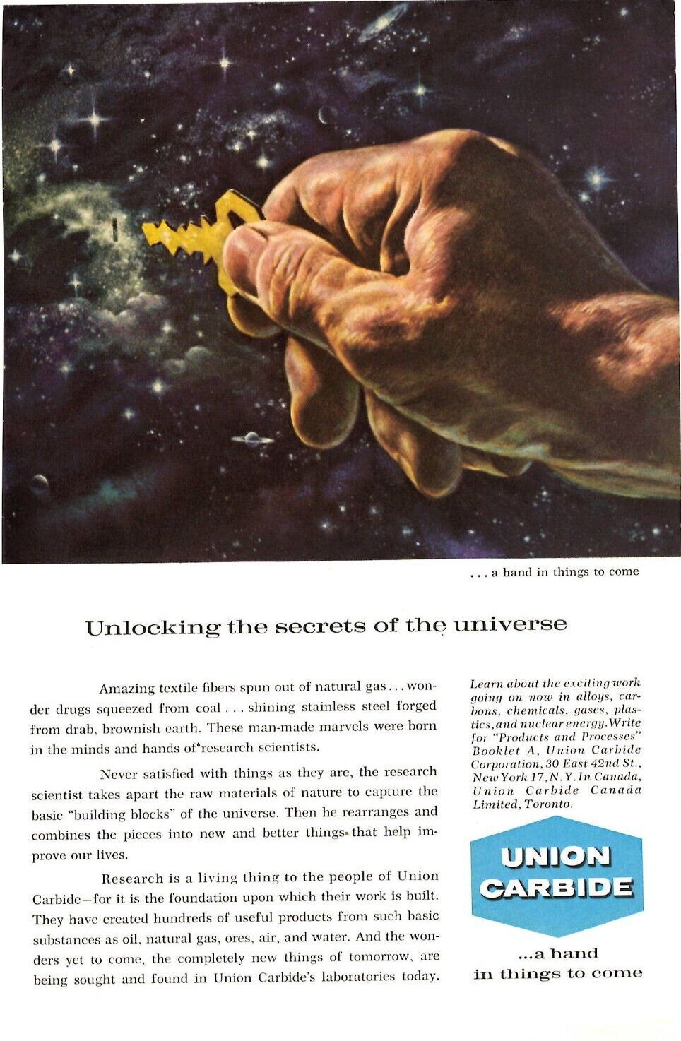 1959 Print Ad Union Carbide Hand-o-God Unlocking secrets of the Universe Illus