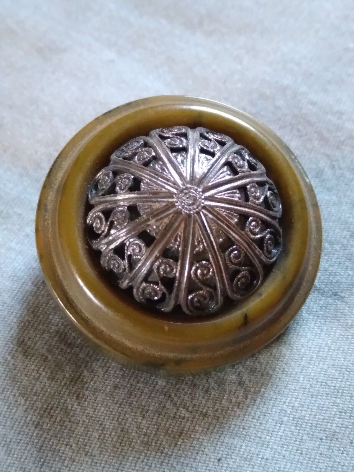 Beautiful Vintage Plastic Button Ornate Metal Top.