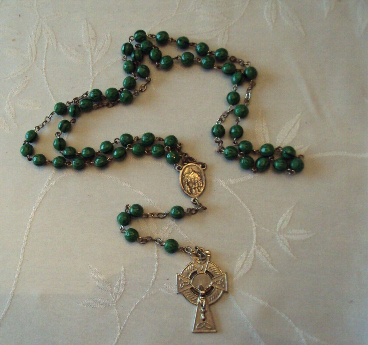 Vintage Our Lady Of Knock Pray For Us Rosary GREEN STONE (JADE?) CELTIC #BM