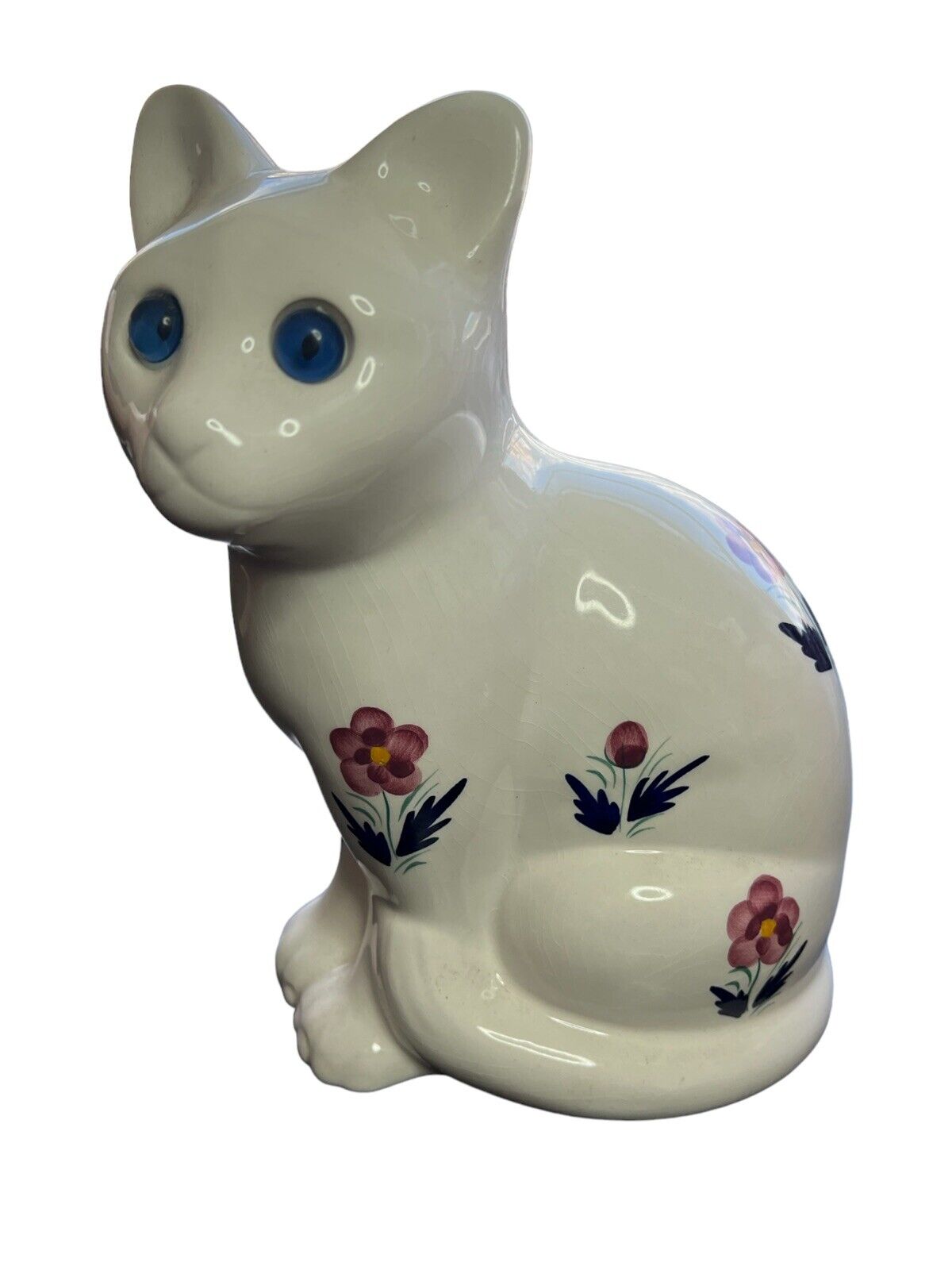 Vintage Alcobaca Ceramic Porcelain Cat Figure Painted Flowers Blue Eyes