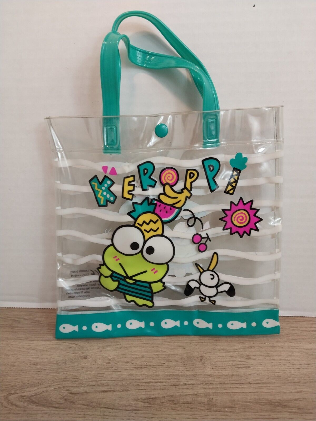 Vintage 1994 Kero Kero Keroppi Sanrio Clear Plastic Tote Beach Bag Green 9\
