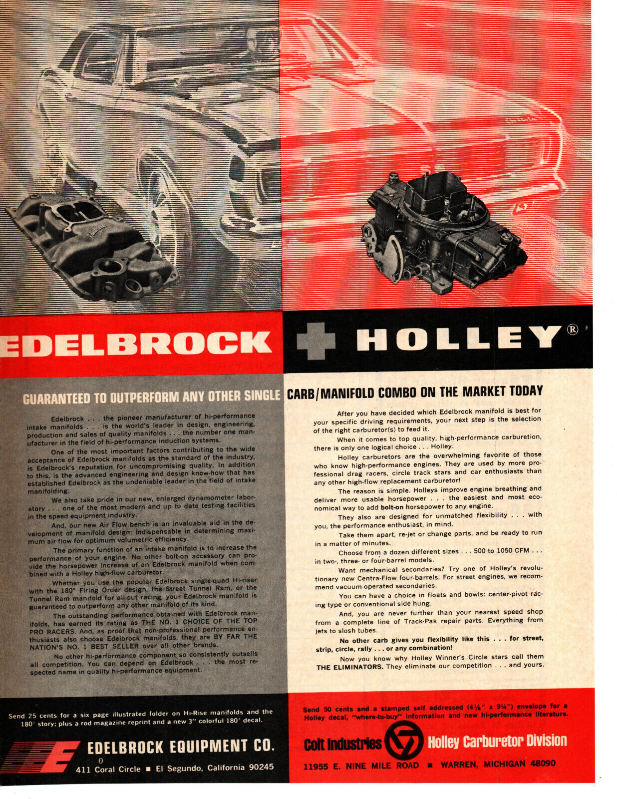 1969 EDELBROCK EQUIPMENT CO + HOLLEY CARBURETOR CO ~ ORIGINAL PRINT AD