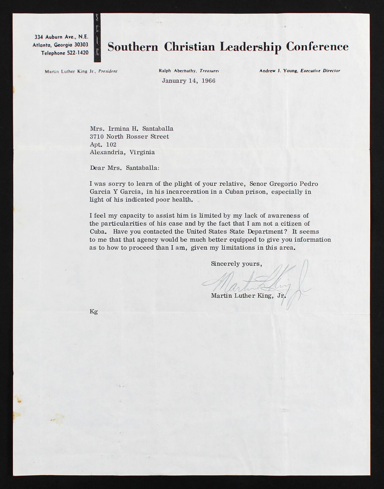 Martin Luther King Jr. Signed 8.5x11 1966 Letter On SCLC Letterhead BAS #AA03721