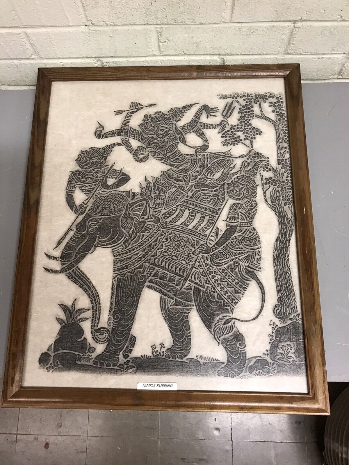 VINTAGE FRAMED TEMPLE RUBBING WITH ELEPHANT THAI? 21 1/2 X 17 1/2 X 5/8” 