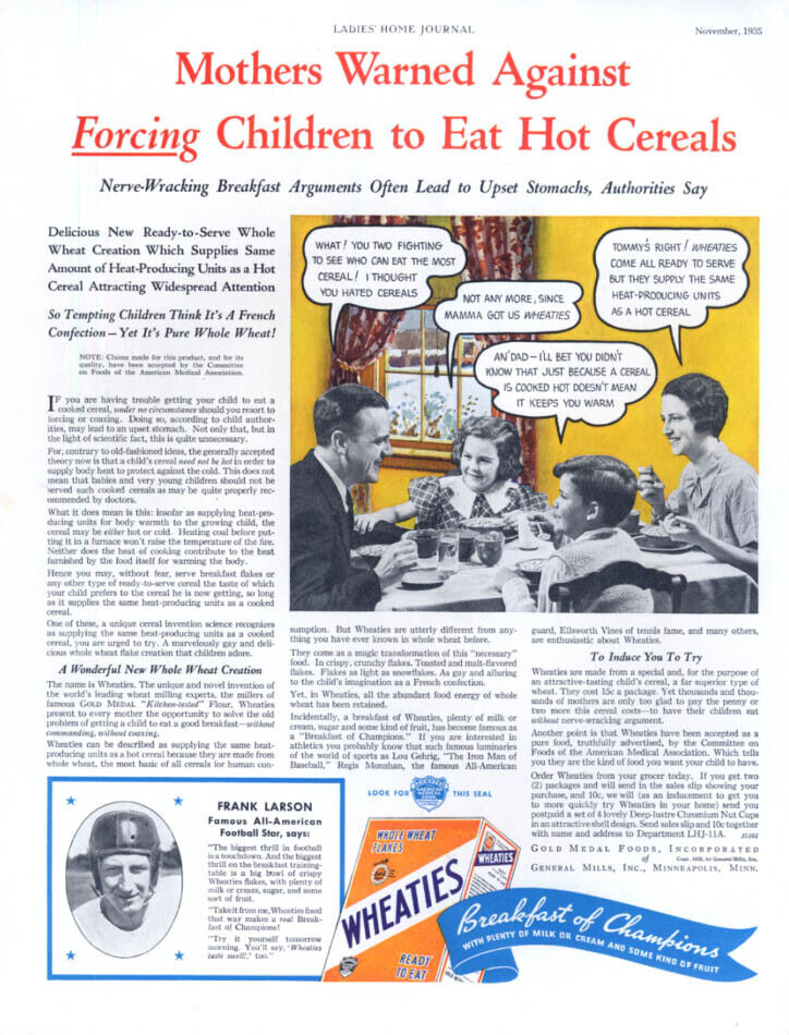Mothers warned against forcing hot cereals Wheaties ad 1935 Butch Larson UMN