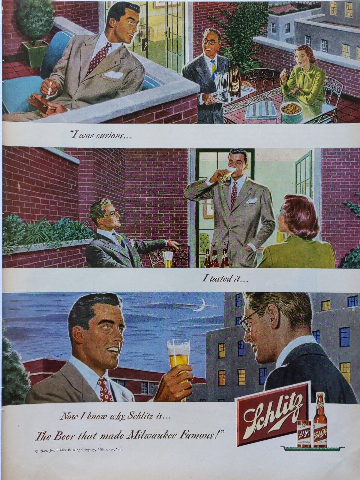 1949 vintage Schlitz beer ad. the beer that made Milwaukee famous. 