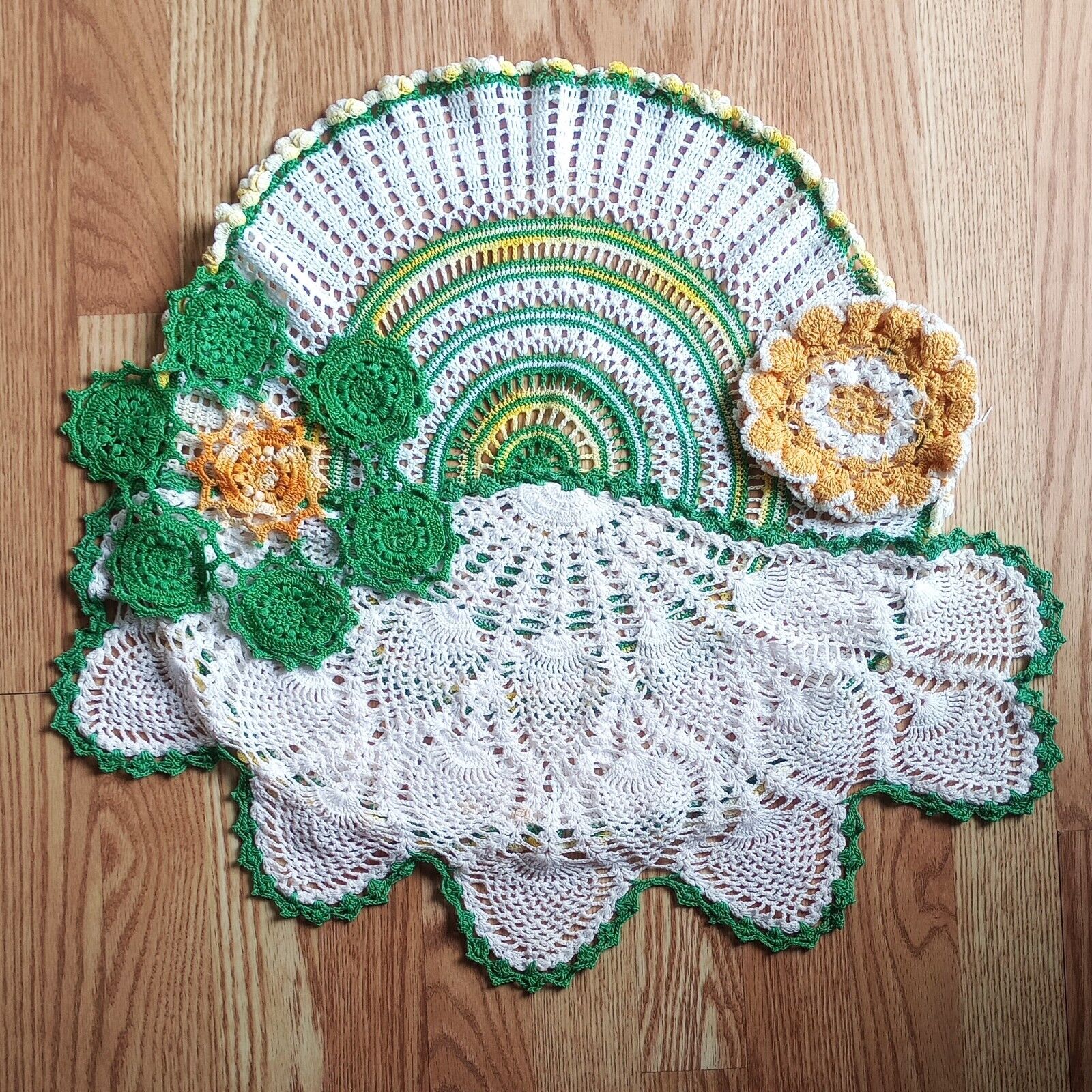 DOILIES 4 Vintage Handmade Crochet Table Mats Green Yellow Mandala Crafts Gift