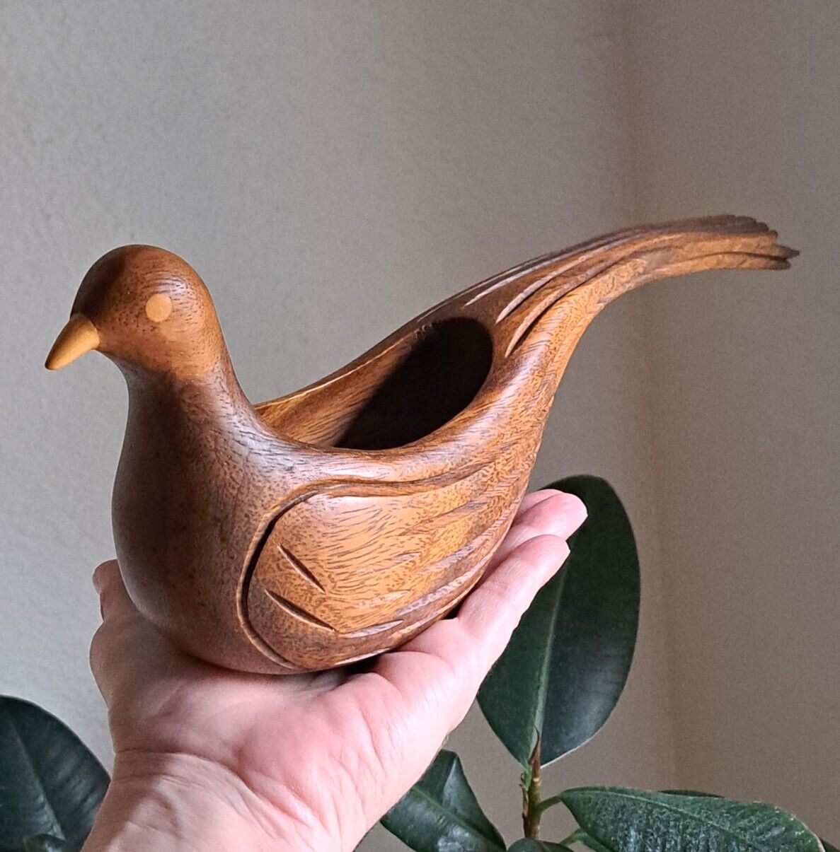 Vintage Mid Century Monkeypod Carved Wood Dove Catch-all Bowl Trinket Rare 13\
