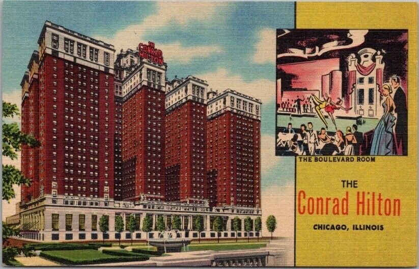 Chicago, IL Postcard THE CONRAD HILTON HOTEL Artist\'s View / Curteich Linen 1952