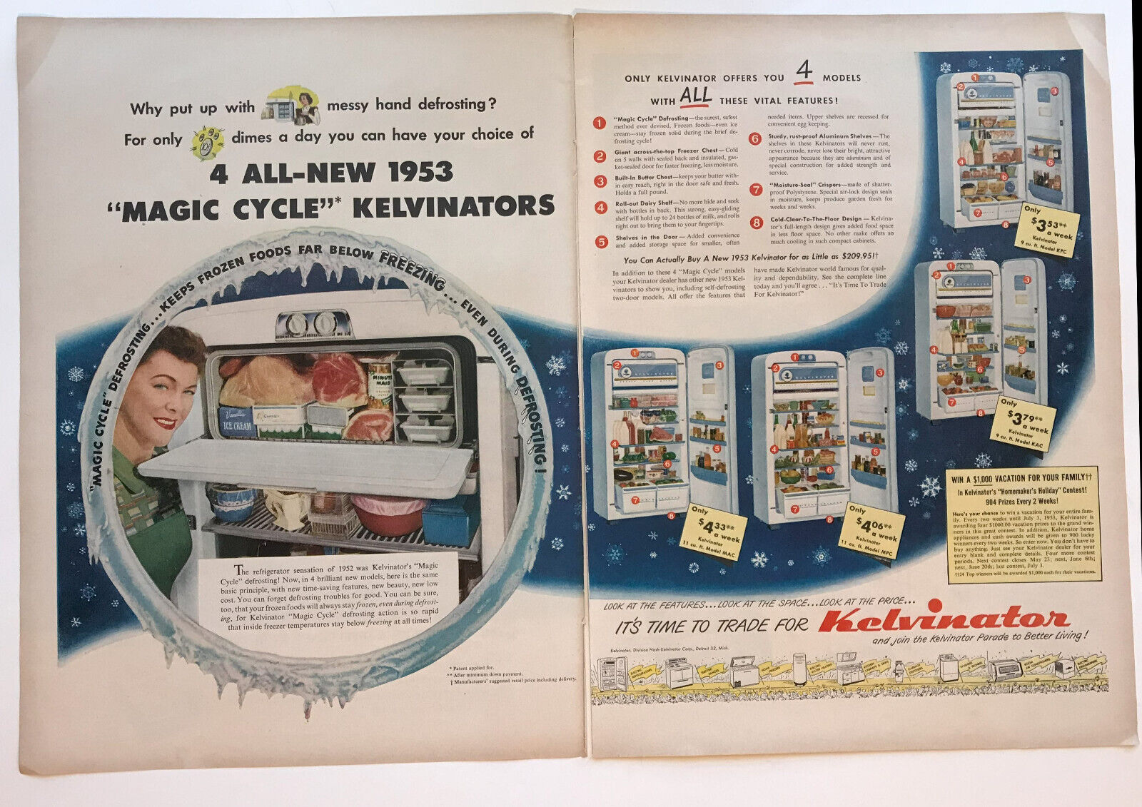1953 Kelvinator Refrigerator Freezer, Hunt's Peaches, Jell-O Vintage Print Ads