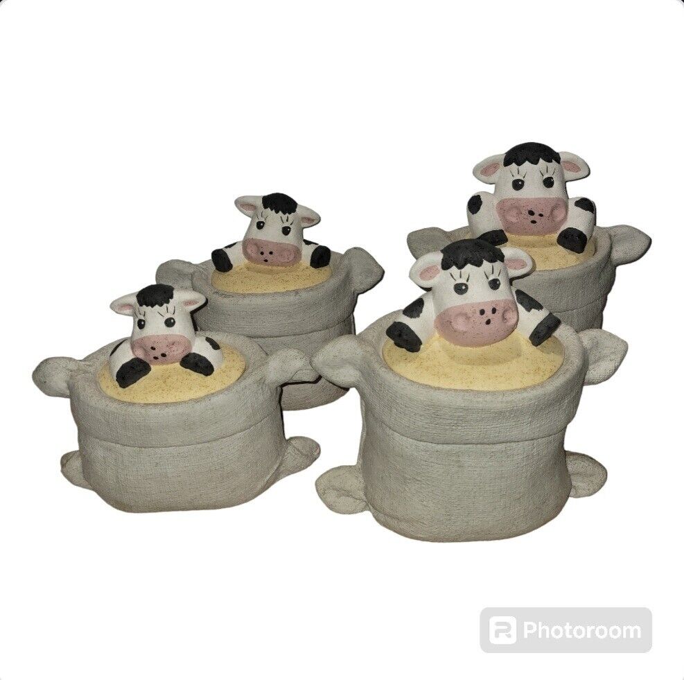 Vintage Canisters Cows In Feed Sacks Set Of 4 Ceramics Rustic Farmhouse 