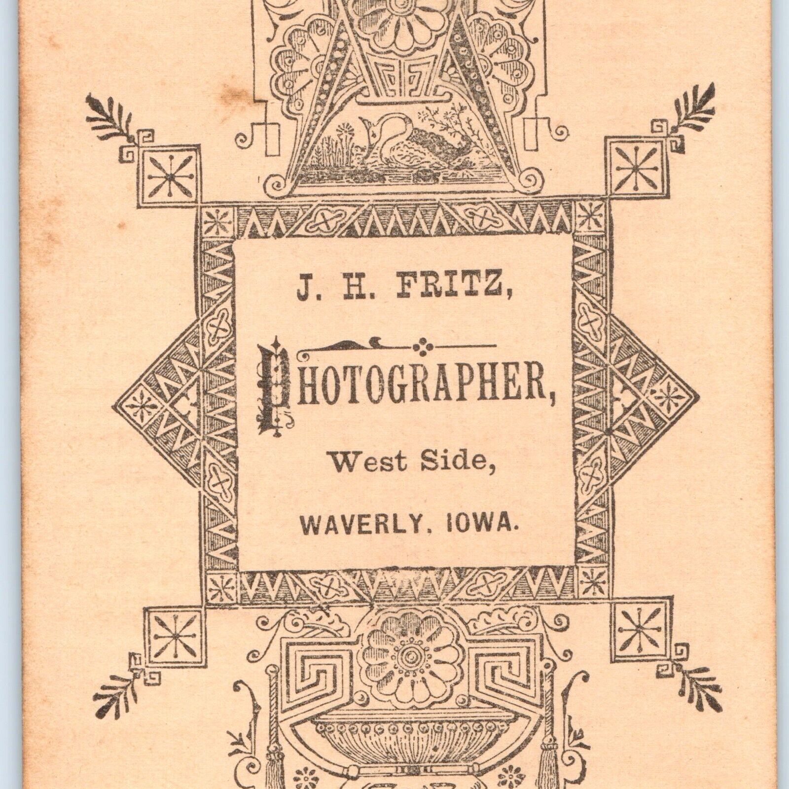 c1870s Waverly, Iowa Lovely Woman CdV Photo Card Fancy Engraved Back Fritz IA H9