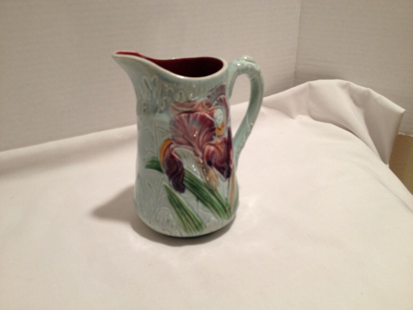 Vintage French Majolica Iris Purple Flower Pitcher by Choisy -Le-Roi