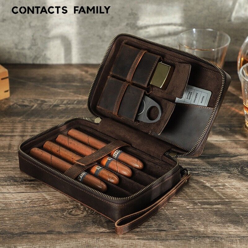 Portable Genuine Leather Cigar Case Travel Bag Cigars Humidor 4 Tube Holder Box