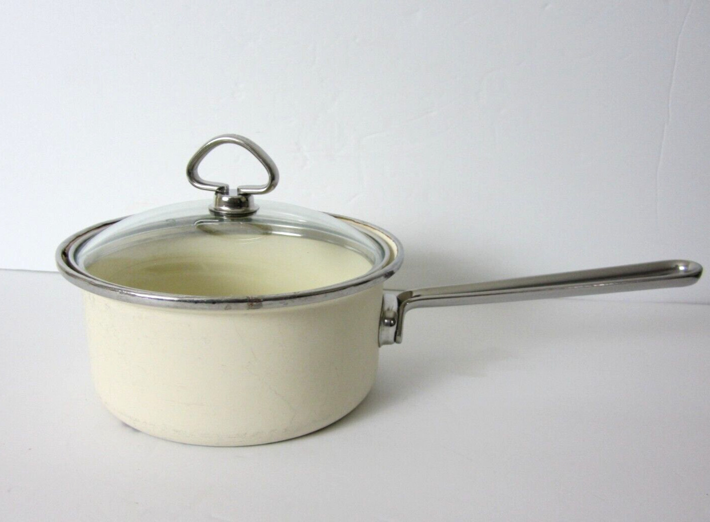 Vintage Chantal Soft White Enamel Sauce Pan Pot With Lid And Handle SEE DEFECTS
