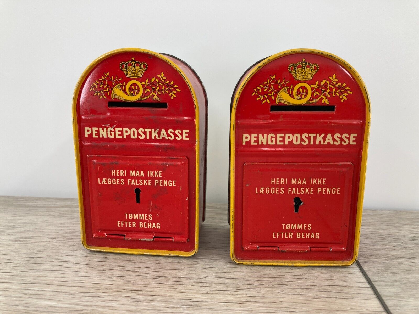 Vintage Danish Coin Bank Lot No Keys Red Gold Tin Litho Post Office Boxes Retro
