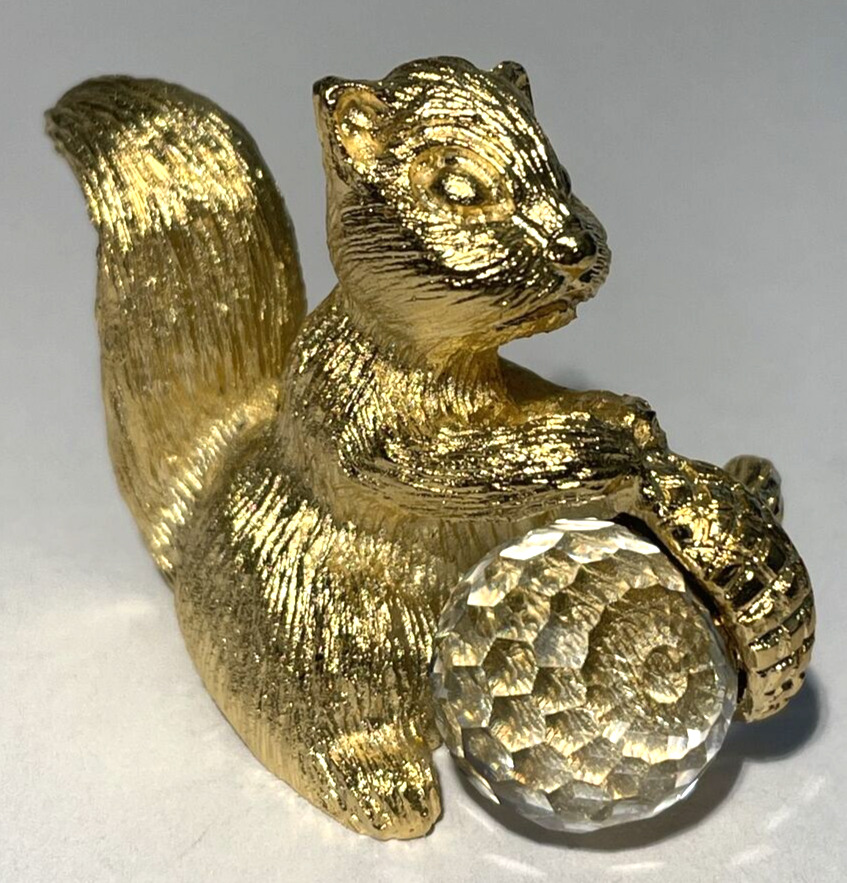 SPOONTIQUES Pewter Gold Tone Squirrel with Crystal Acorn Figurine Vintage