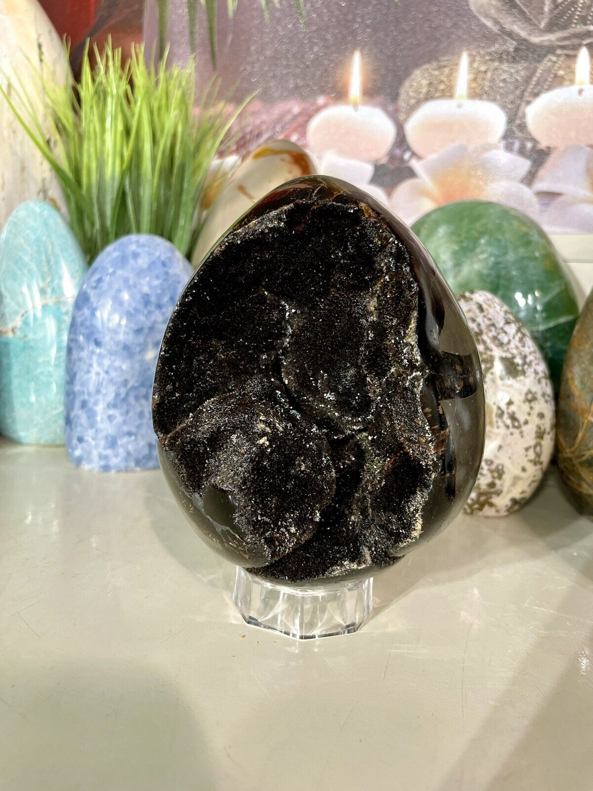 Septarian Geode Egg Shape Cluster Crystal Natural Stone Egg Shape Decor 5x4”