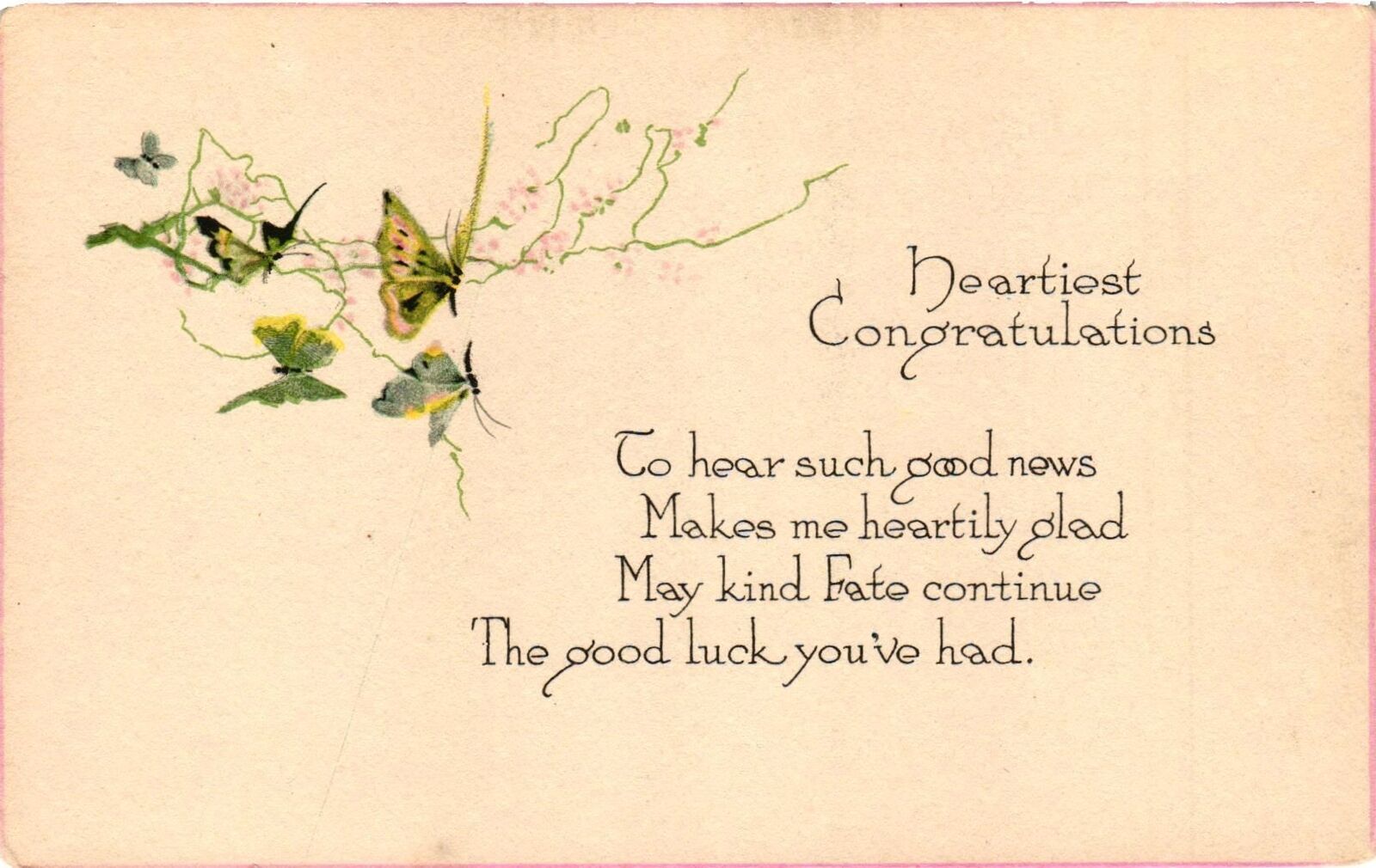 Vintage Postcard- Green butterflies, heartiest Congratulations To hear such good