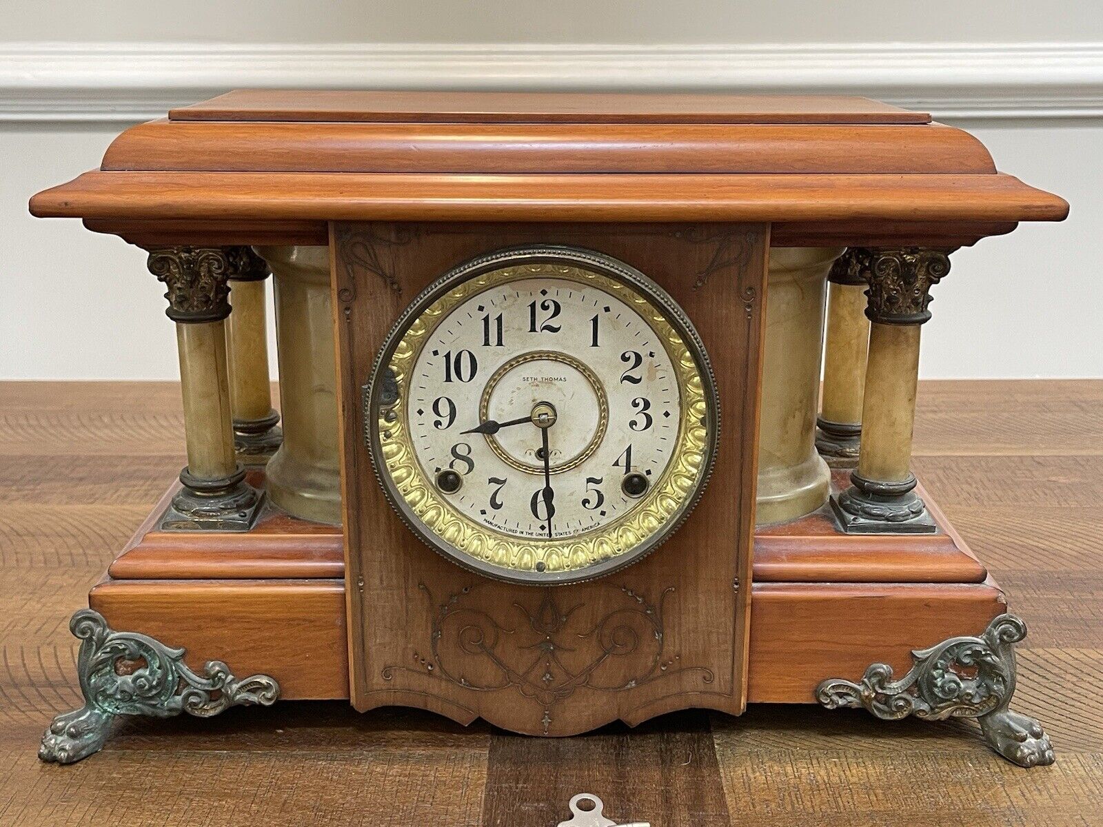 Antique Seth Thomas Mantle clock ADAMANTINE 4 Columns Wood & Brass  Parts Repair