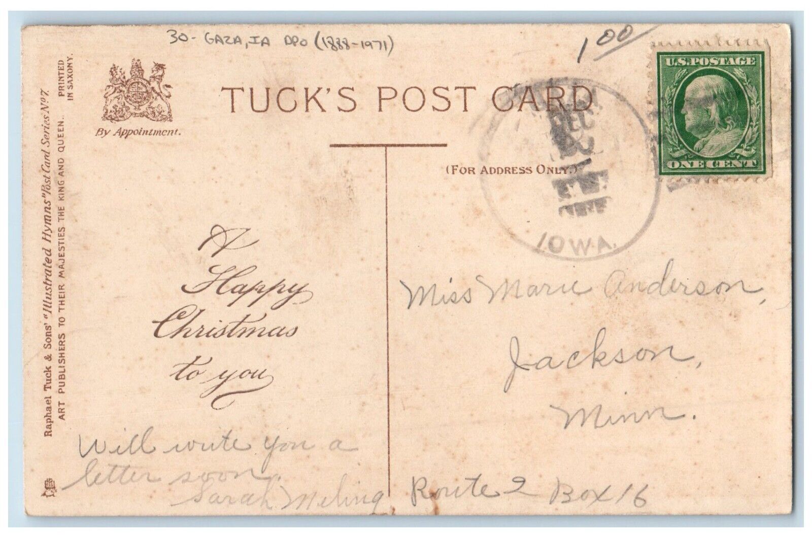 DPO (1888-1971) Gaza Iowa IA Postcard Lighthouse W. Whiting Tuck c1910\'s Antique