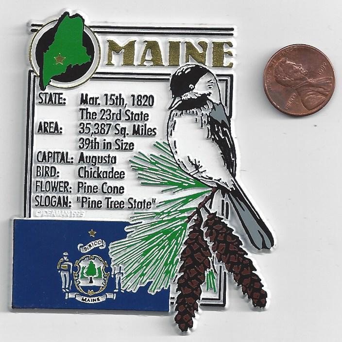 MAINE STATE MONTAGE FACTS MAGNET with CHICKADEE  PINE CONE