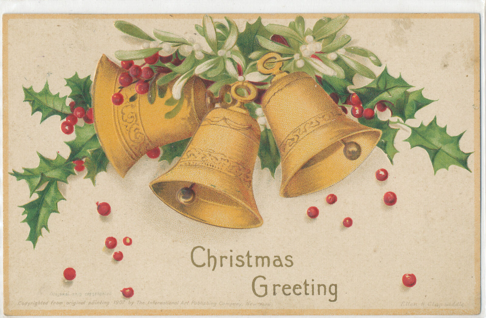 A/S Ellen Clapsaddle Holly & Golden Bell Christmas Postcard hand dated Dec 1907