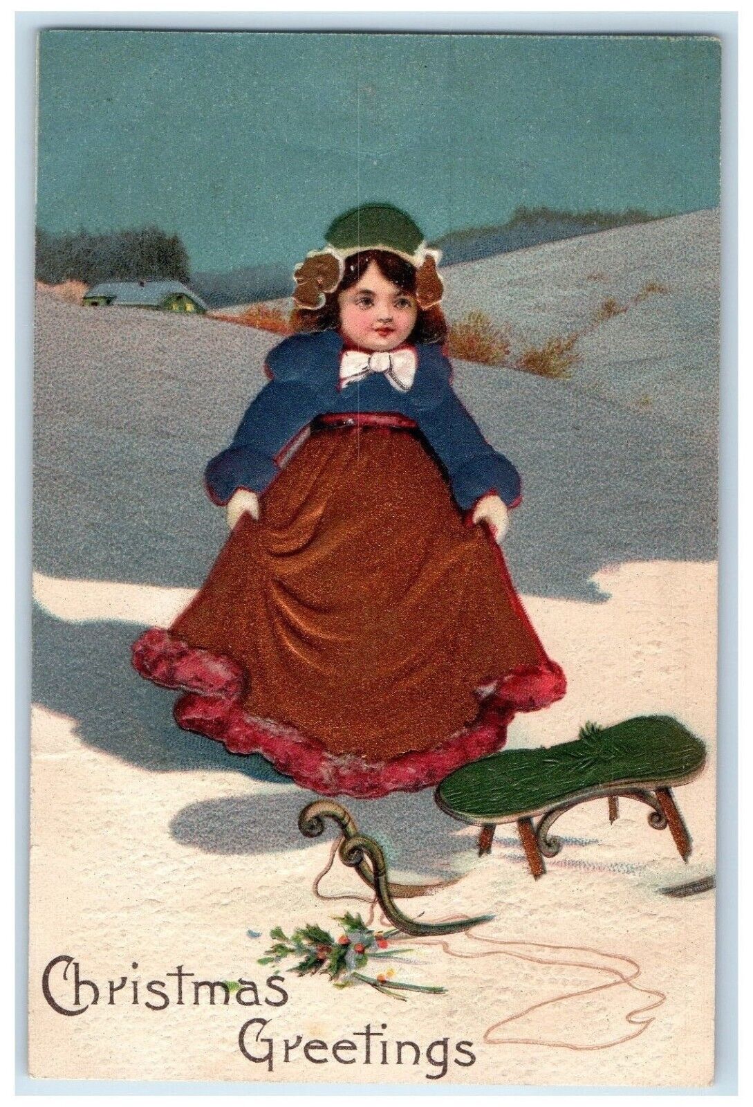 PFB Christmas Postcard Greetings Little Girl Sled Holly Berries Winter Scene