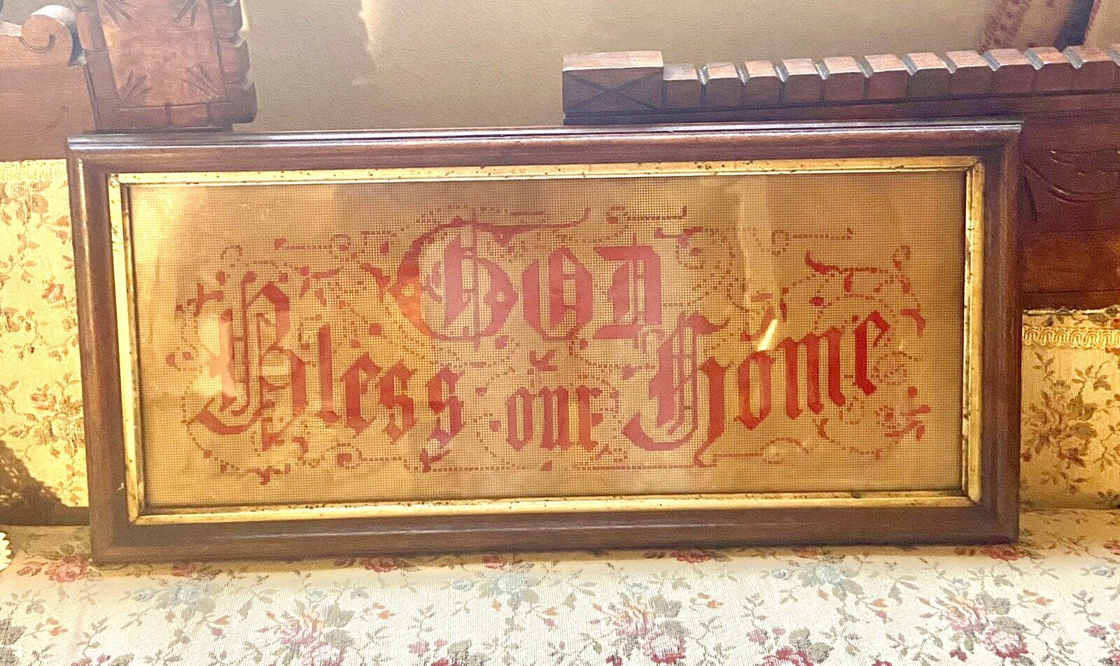 Antique Embroidery Sampler God Bless Our Home Framed Sign