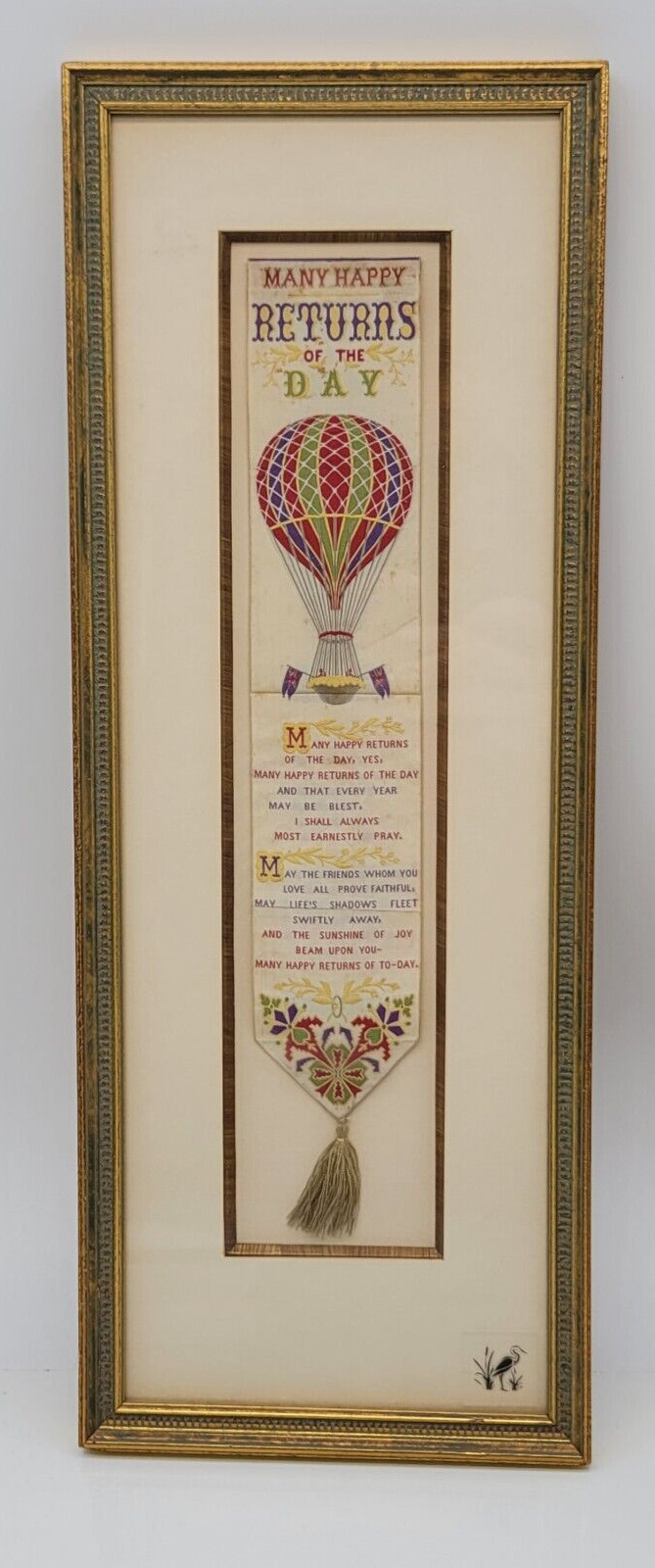 Antique T Stevens British Hot Air Balloon Silk Ribbon 1874 Happy Returns Framed