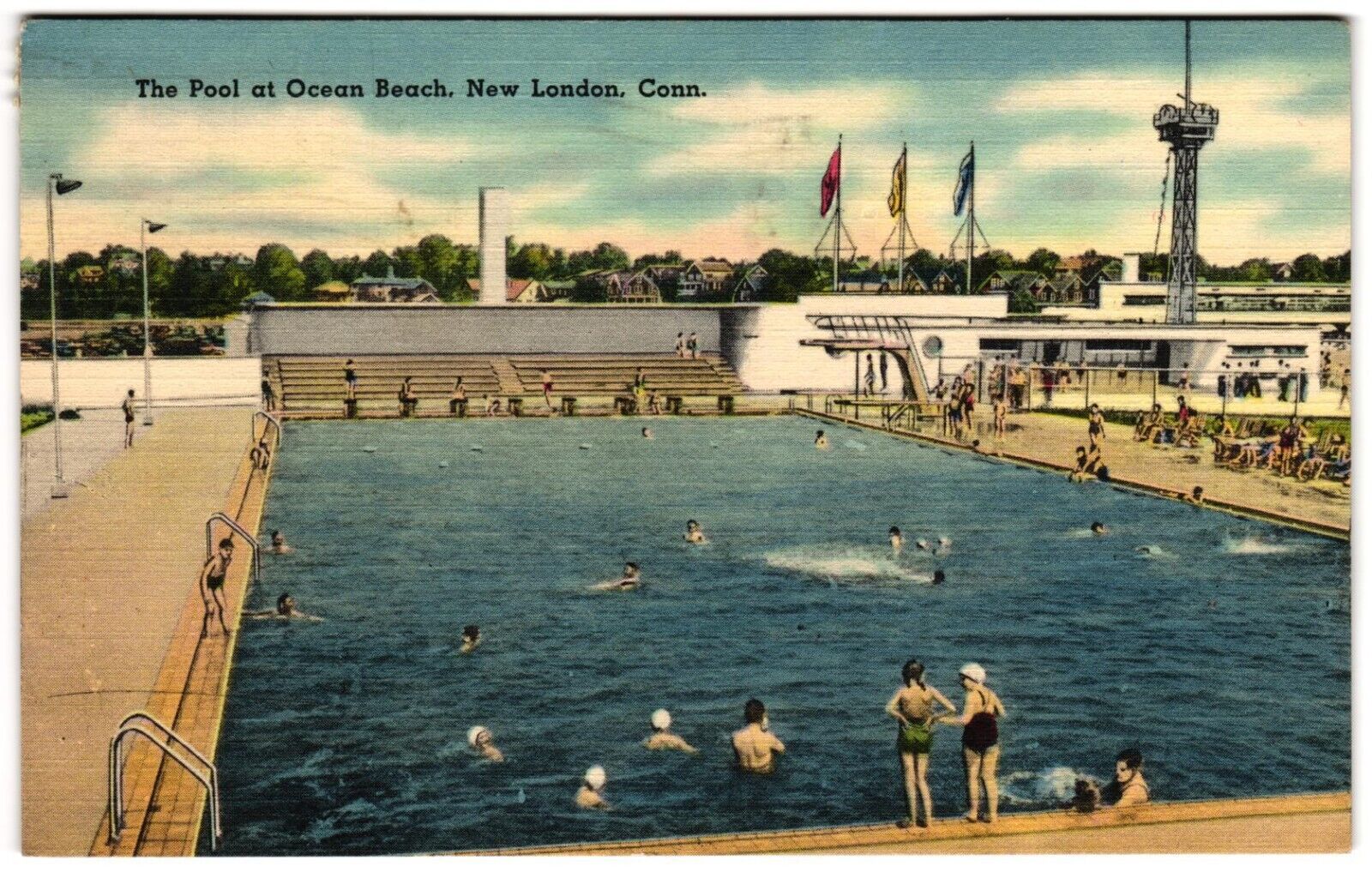 The Pool at Ocean Beach New London CT People Swimming Bathing 1940s Postcard