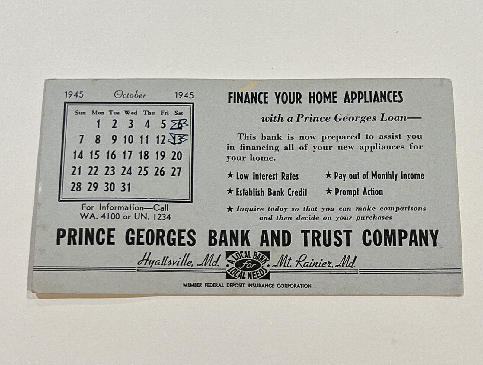1945 Prince Georges Bank Trust Calendar Hyattsville Maryland Mt Rainier Maryland