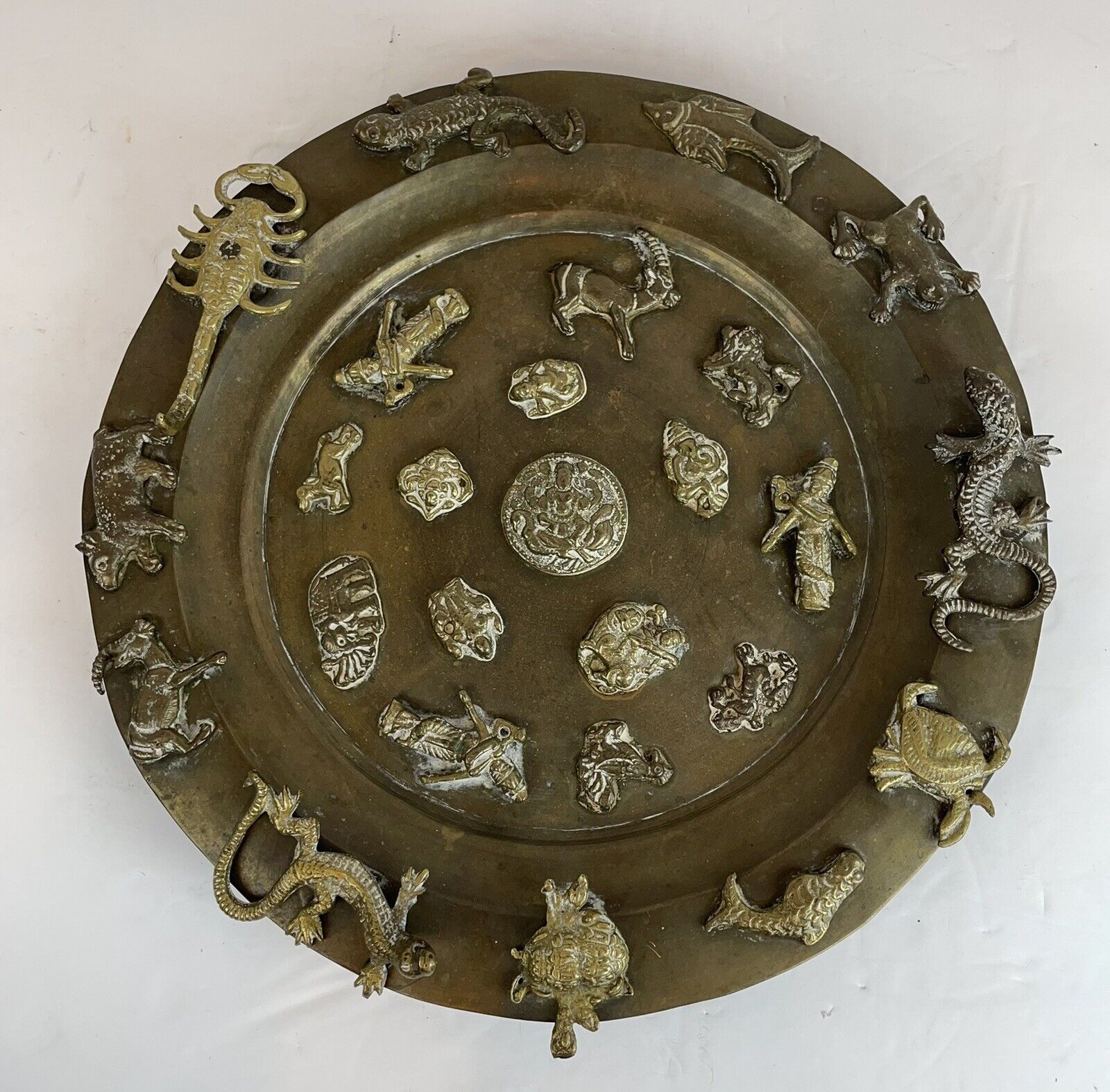 Antique Brass India Tibet Zodiac Hindu Buddhist Deity Dish Charger Footed Plate