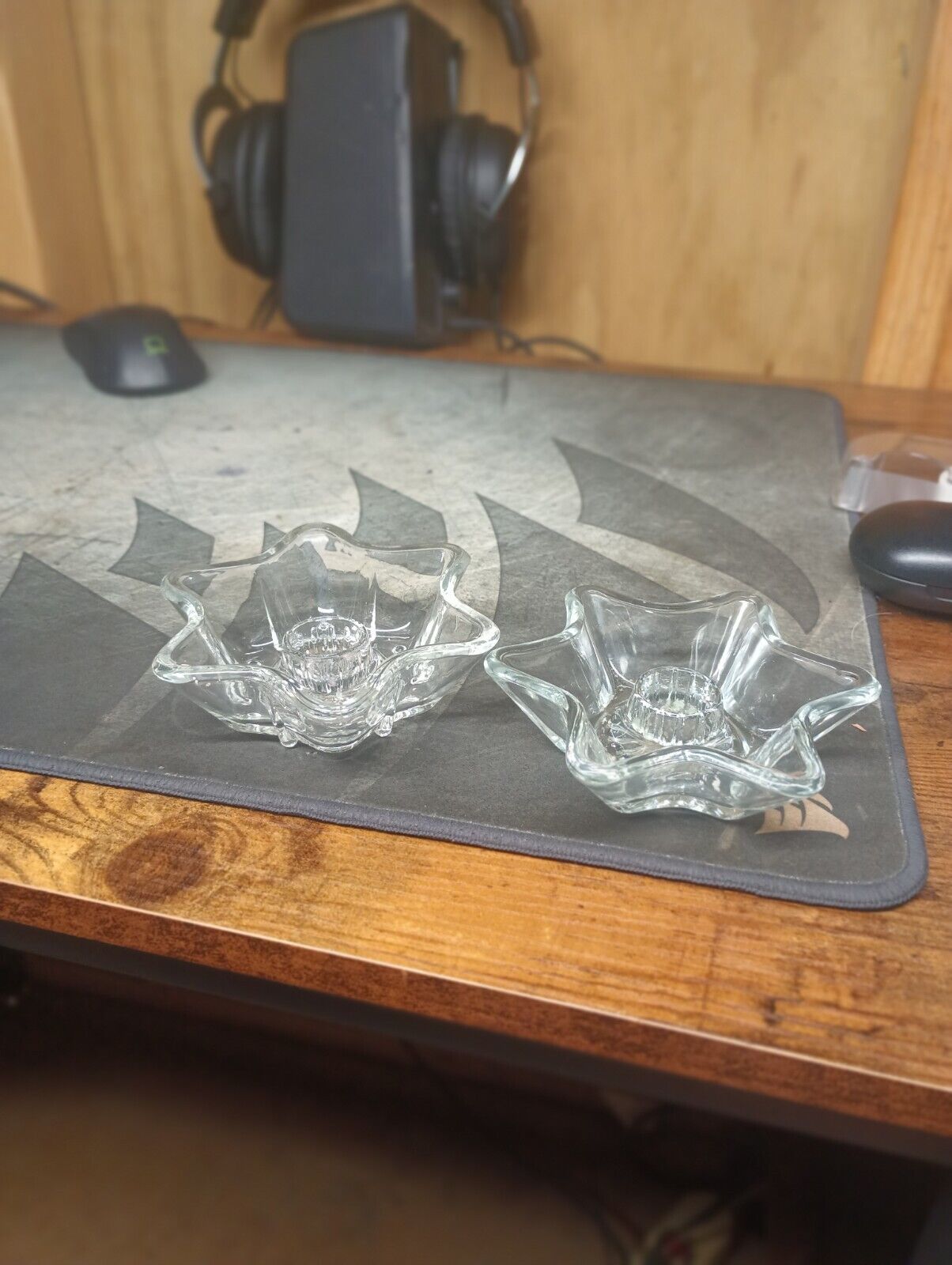 Pair of Vintage Indiana Glass Star Candle Stick Holders- Clear