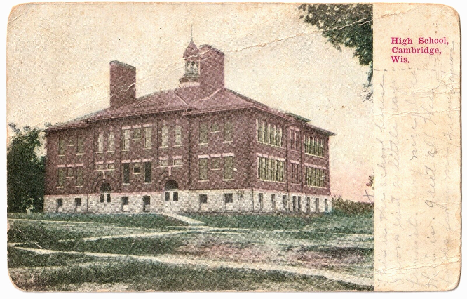 The High School-Cambridge, Wisconsin WI-1908 posted postcard