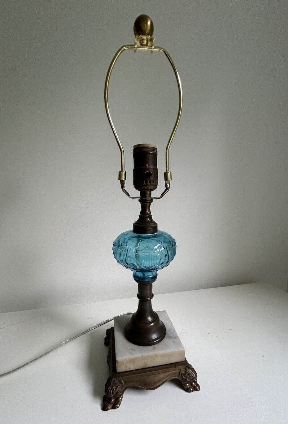 Vintage Blue Glass Bubble Band Lamp Marble Base Art Deco MCM Brass TABLE NICE