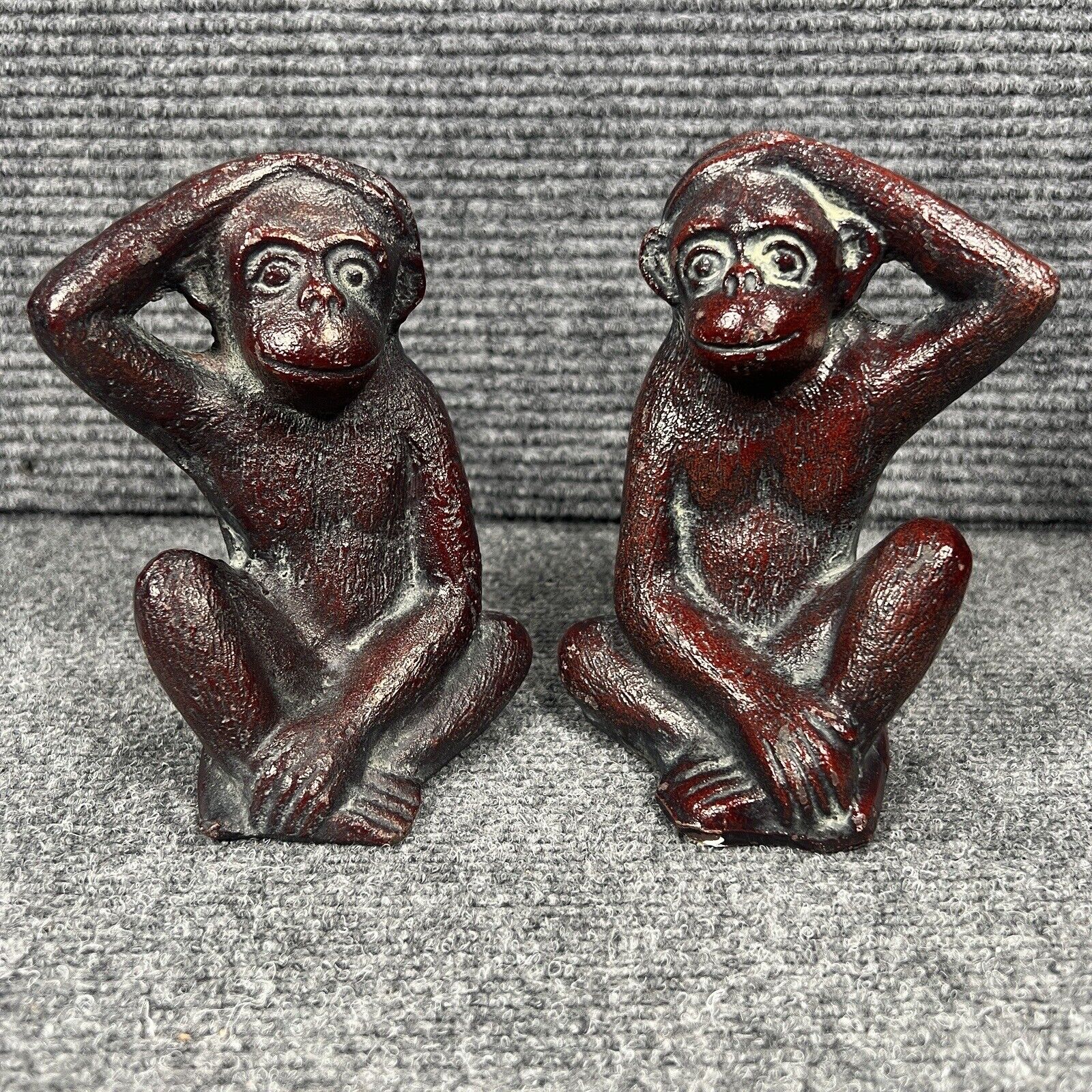 Vintage Pair of Brass Monkey Figure Statues Heavy & Detailed