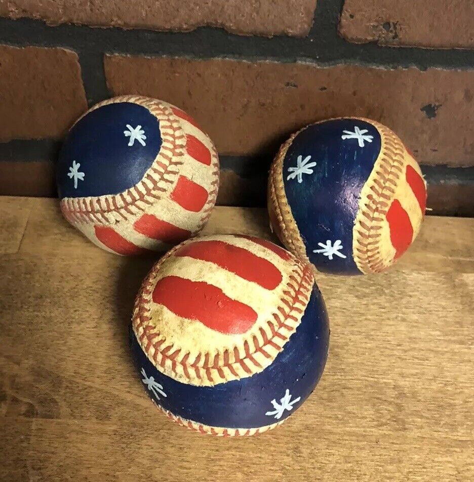 Set of 3 Primitive Americana Patriotic Painted Baseballs Decor