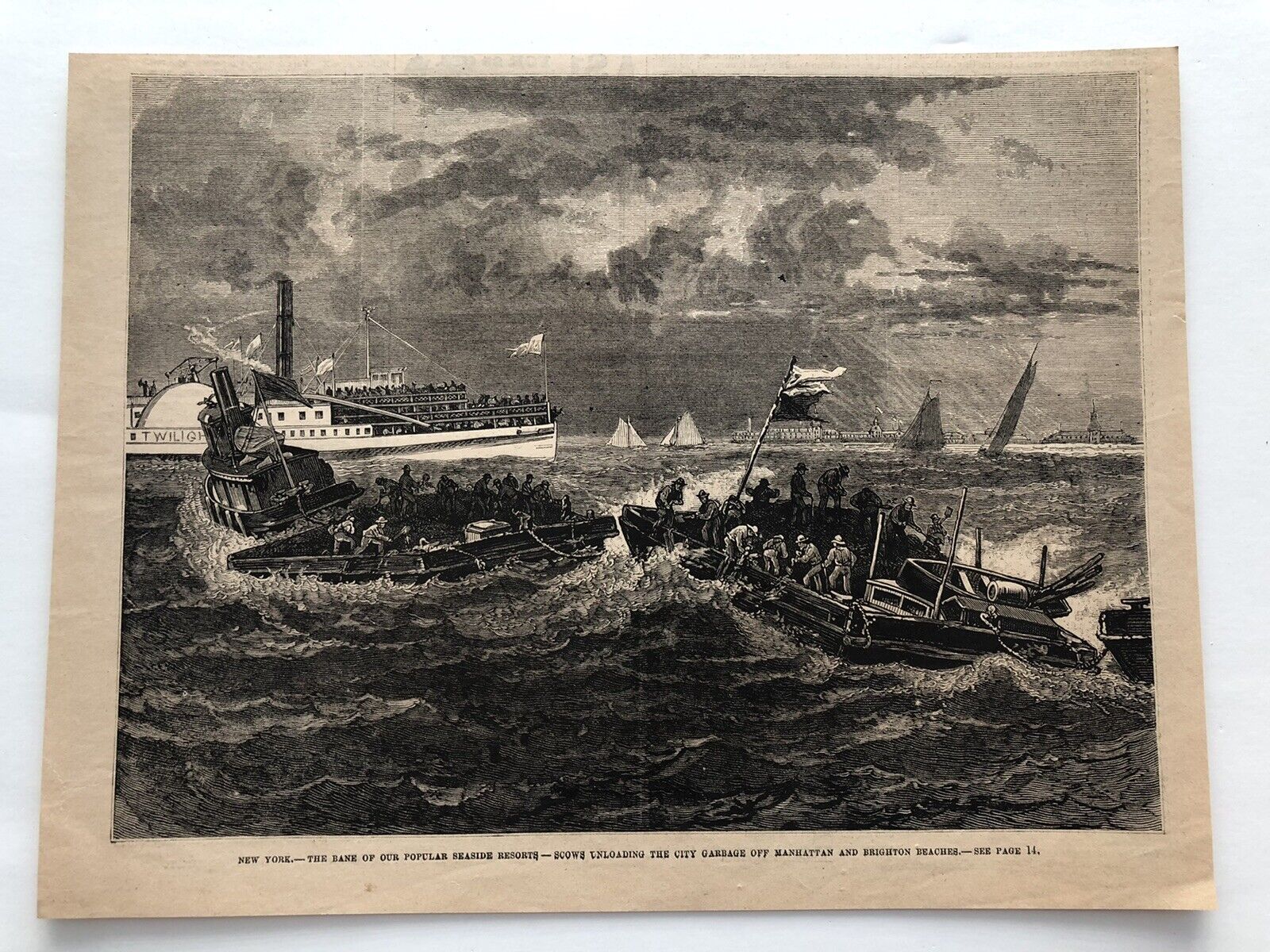 1878 Leslies Antique Print Dumping Garbage Off Manhattan & Brighton Beach 112721