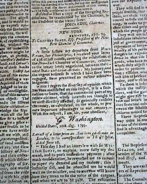 President GEORGE WASHINGTON Address re. John Jay\'s Treaty 1795 Boston Newspaper
