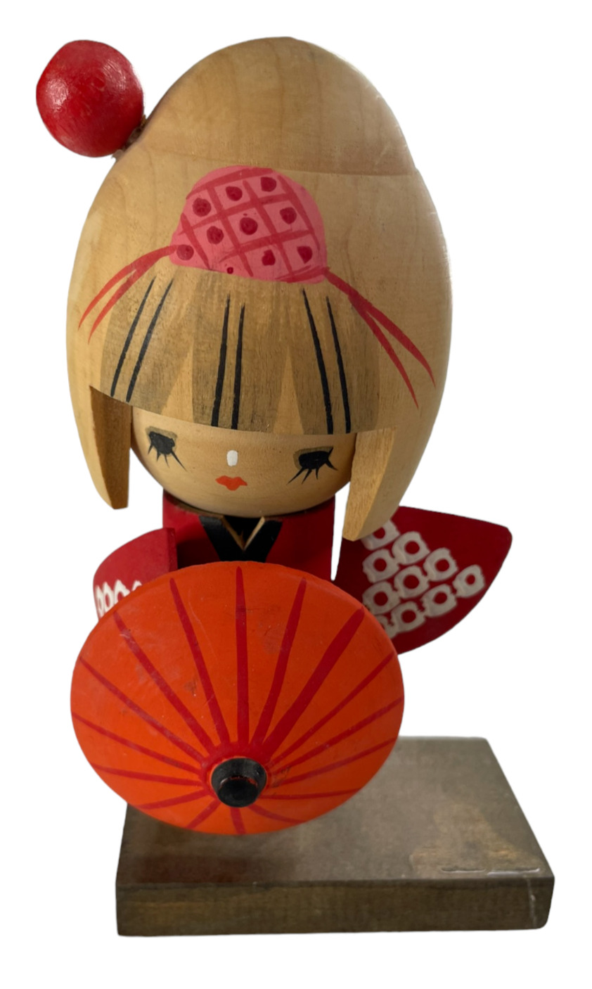 Vintage Hand Painted Japanese Wood Kokeshi Geisha Doll W/ Umbrella 5.5”