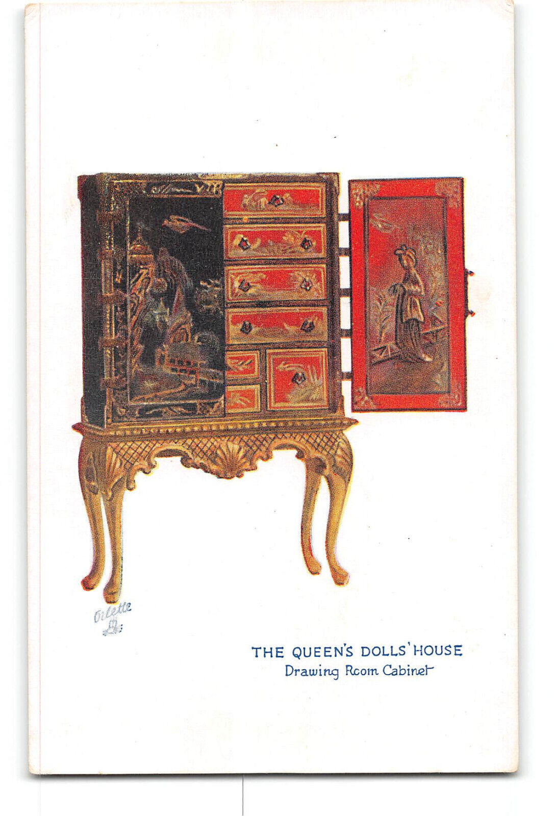 Tucks Oilette The Queens Doll House Postcard 1915-1930 Drawing Room Cabinet