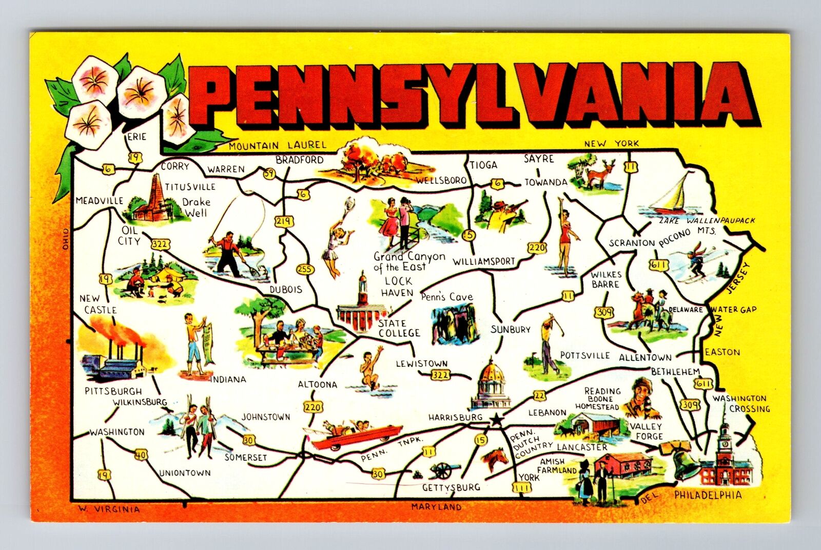 PA-Pennsylvania, Keystone State Map, Points Of Interest, Vintage Postcard