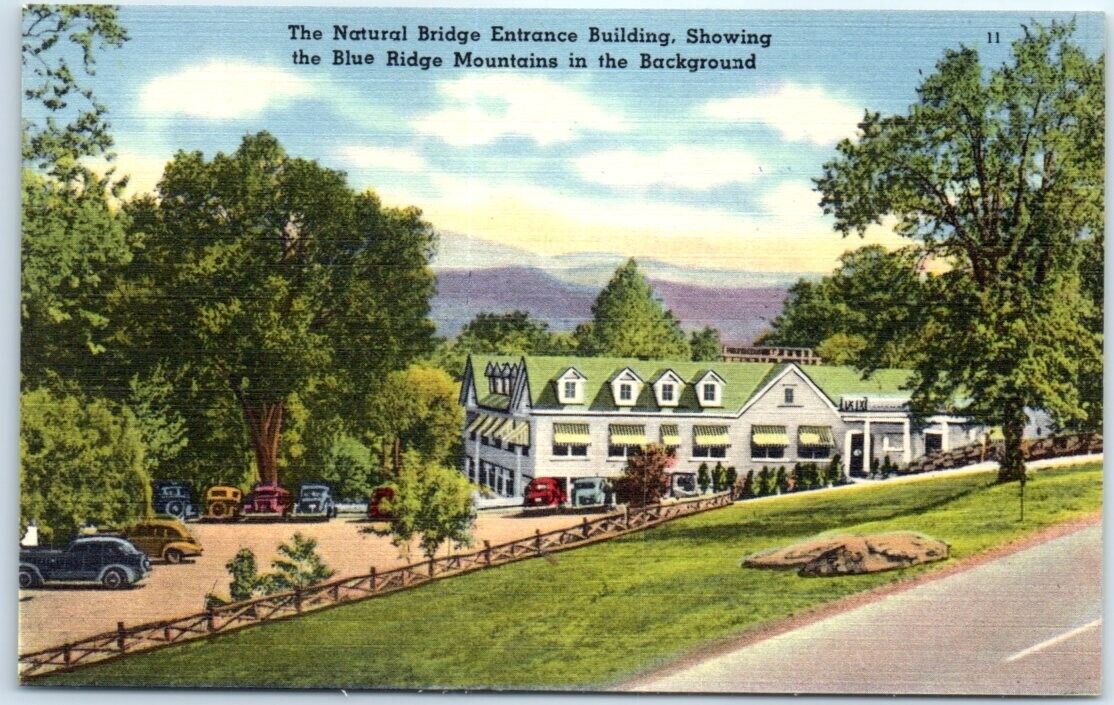 Postcard - The Natural Bridge Entrance Building & Blue Ridge Mountains, Virginia