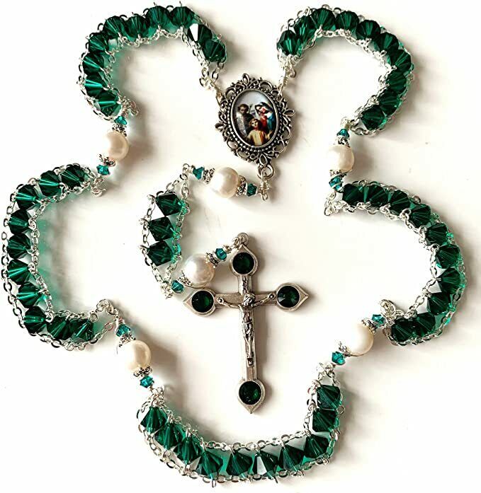 Ladder to Heaven Green Crystal & AAA10MM Pearl Bead Catholic Rosary crucifix BOX