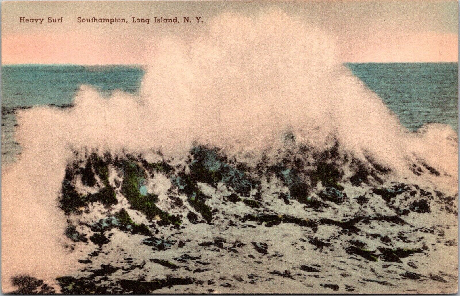 Southampton Long Island NY Hand Colored Vintage Postcard Heavy Surf JD3