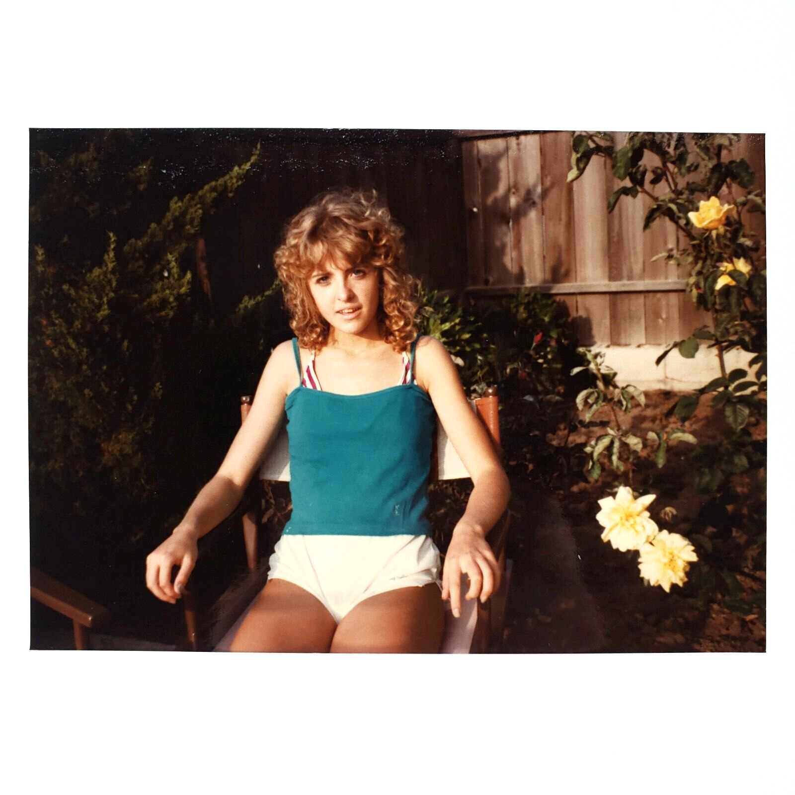 Gorgeous Girl in Flower Garden Photo 1980s Curly-Hair Young Woman Snapshot A4423